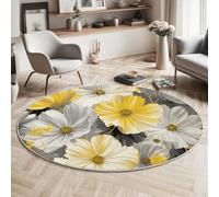 MLSOWM Symphonie Florale Tapis Rond Marguerites Et Cosmos Tapis de Sol Décoration Antidérapant pour Salon, Chambre à Coucher, Salle à Manger Intérieur & Extérieur, 120cm, Gris