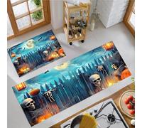 MLSOWM Tapis Cuisine Devant Evier Nuit Sombre Et Étrange, 50x80cm+50x150cm | Tapis de Cuisine Clôture De Crânes Et Lumière des Bougies, Antidérapant, Résistant Tache, Facile à Nettoyer, Bleu Froid