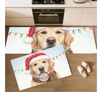 MLSOWM Tapis Cuisine Devant Evier Portraits d'animaux De Noël, 43x75cm+43x150cm | Tapis de Cuisine Chien Au Chapeau De Père Noël, Antidérapant, Résistant Tache, Facile à Nettoyer, Brun Clair
