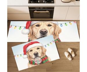 MLSOWM Tapis Cuisine Devant Evier Portraits d'animaux De Noël, 43x75cm+43x150cm | Tapis de Cuisine Chien Au Chapeau De Père Noël, Antidérapant, Résistant Tache, Facile à Nettoyer, Brun Clair