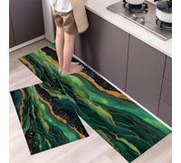 MLSOWM Tapis Cuisine Devant Evier, Texture D'Agate Tapis de Cuisine Antidérapant et Lavable, Motif Jade Luxueux Tapis de Couloir pour Manger, Buanderie, Passage - 50x80cm+50x150cm 2 pièces, Émeraude