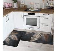 MLSOWM Tapis de Cuisine Anti-Fatigue Plantes Élégantes Tapis de Porte Feuilles Fougère avec Dessous Antidérapant Facile à Nettoyer pour Couloir, Devant Evier, Entrée, 45x75cm+45x150cm - Gris Foncé
