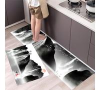 MLSOWM Tapis de Cuisine Automne Lavables et Antidérapants, Lot de 2 Tapis de Sol Devant Evier Peinture De Paysage À L'Encre Anti-Fatigue pour Confortables pour Debout (Gris, 43x75cm+43x120cm)