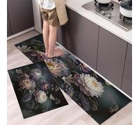 MLSOWM Tapis de Cuisine Ciel Nocturne Mystérieux - Tapis de Passage Bouquet Pivoines D'Hortensias 43x75cm+43x150cm - Carpette Antidérapant et Lavable pour Manger, Couloir, Buanderie, Vert Foncé