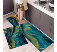 MLSOWM Tapis de Cuisine Devant Evier Élégant Et Luxueux, Antidérapant et Lavable Tapis de Cuisine Marbre Whirlpool Tapis de Paillasson pour Manger, Couloir, Buanderie,50x80cm+50x150cm, Bleu Foncé