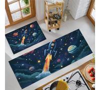 MLSOWM Tapis de Cuisine Devant Evier Espace Rétro, Antidérapant et Lavable Tapis de Cuisine Fusées, Planètes Tapis de Paillasson pour Manger, Couloir, Buanderie,40x60cm+40x120cm, Bleu Marine