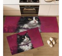 MLSOWM Tapis de Cuisine Devant Evier Portrait De Chat, Antidérapant et Lavable Tapis de Cuisine Chat Noir Et Blanc Tapis de Paillasson pour Manger, Couloir, Buanderie,50x80cm+50x150cm, Magenta