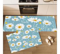 MLSOWM Tapis de Cuisine Fleurs Mignonnes 2 pièces,Tapis de Sol Marguerite Antidérapants et Lavable Taches Carpette Anti-Fatigue pour Couloir Devant Evier et Entrée, 43x75cm+43x120cm, Bleu Clair