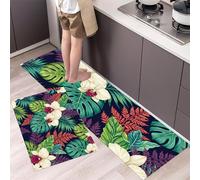 MLSOWM Tapis de Cuisine Fougères Et Orchidées Tapis de Passage antidérapant et Lavable, Fleurs Tropicales Paillasson de Cuisine pour Devant evier, Couloir, Chambre à Coucher, Bleu-Vert