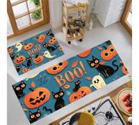 MLSOWM Tapis de Cuisine Graffiti Rétro d'halloween Antidérapant, 40x60cm+40x120cm Tapis de Cuisine Devant Evier Chat Noir, Citrouille, Anti-salissures pour Buanderie, Entrée, Couloir, Bleu Brumeux