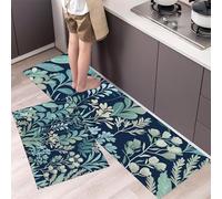 MLSOWM Tapis de Cuisine Herbe Sauvage Élégante 2 pièces,Tapis de Sol Vignes Et Fleurs Antidérapants et Lavable Carpette Anti-Fatigue pour Couloir Devant Evier et Entrée, 43x75cm+43x150cm, Bleu-Vert