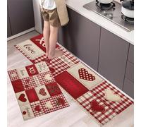 MLSOWM Tapis de Cuisine Mots Et Expressions d'amour Tapis de Sol Antidérapant Patchwork À Carreaux Rétro Carpette Confortables pour Couloir, Salle à Manger, Devant Evier, 45x75cm+45x150cm Rouge