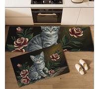 MLSOWM Tapis de Cuisine Nature Morte Rétro Antidérapant, 43x75cm+43x150cm Tapis de Cuisine Devant Evier Fleurs De Chat, Anti-salissures pour Buanderie, Entrée, Couloir, Brun Foncé