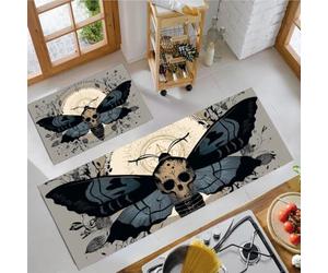 MLSOWM Tapis de Cuisine Runes Mystiques Antidérapant, 40x60cm+40x120cm Tapis de Cuisine Devant Evier Papillon De Nuit Crâne, Anti-salissures pour Buanderie, Entrée, Couloir, Gris brunâtre