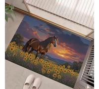 MLSOWM Tapis de Porte, 60 x 120 cm Profil Bas Paysage Romantique Et Réaliste Paillasson Interieur Entree Champ Fleurs Cheval Tapis de Sol Antidérapant Lavable pour Entrée, Couloir, Cuisine, Brun