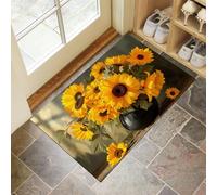 MLSOWM Tapis de Porte, 60 x 120 cm Profil Bas Style Rétro Campagnard Paillasson Interieur Entree Vase Tournesol Tapis de Sol Antidérapant Lavable Doux et Pratique pour Entrée, Couloir, Cuisine, Vert