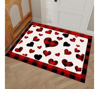 MLSOWM Tapis de Porte, 60 x 90 cm Profil Bas Joli Plaid Paillasson Interieur Entree Cœur Géométrique Tapis de Sol Antidérapant Lavable Doux et Pratique pour Entrée, Couloir, Cuisine, Noir Et Rouge