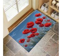 MLSOWM Tapis de Porte, 60 x 90 cm Profil Bas Peinture À l'huile sur Le Champ Paillasson Interieur Entree Pavot Tapis de Sol Antidérapant Lavable Doux et Pratique pour Entrée, Couloir, Cuisine, Bleu