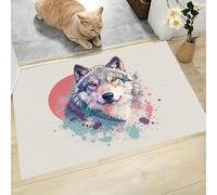 MLSOWM Tapis de Porte à Poils Courts, 80 x 120 cm Paillasson à Tête De Loup Gris Antidérapant Lavable Animaux À L'Aquarelle Tapis De Sol Attrape-Poussière pour Couloir, Escalier, Entrée, Beige