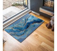 MLSOWM Tapis de Porte Art Luxe Paillasson 80 x 120 cm Interieur et Extérieur Antidérapant Absorbant Marbre À Feuilles d'or Tapis avec Base en Caoutchouc, Chambre, Cuisine, Salle de Bain - Bleu Paon