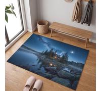 MLSOWM Tapis de Porte Chalet Au Bord du Lac Entrée Intérieur, 60 x 120 cm | Paillasson Ciel Étoilé Au-Dessus Maison Pierre Forêt, Tapis de Porte Profil Bas, Antidérapant pour Entrée et Couloir