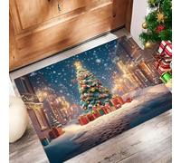 MLSOWM Tapis de Porte de La Veille De Noël, 90 x 150 cm Paillasson de Sapins De Noël dans Les Rues De La Ville Paillasson de Bienvenue Tapis d'entrée pour intérieur et extérieur, Bleu