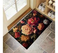 MLSOWM Tapis de Porte d'Entrée 90 x 150 cm Paillasson à Profil Bas Fleurs Rétro Européennes Moquette Antidérapant Lavable Style Baroque Tapis de Sol pour Entrée, Couloir, Chambre, Rouge Vin