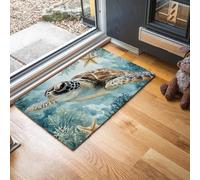 MLSOWM Tapis de Porte d'Entrée Intérieur - 90 x 150 cm Tapis Aquarelle Océanique Imperméable Lavable Paillasson Tortues Et Algues Antidérapant et Anti-Poussière pour Extérieur, Couloir, Bleu Clair