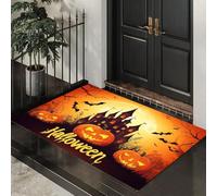 MLSOWM Tapis de Porte Halloween Lavable 80 x 120 cm, Tapis de Sol Citrouilles Et Châteaux Antidérapant à l'intérieur, Paillasson Avant Intérieur pour Jardin, l'entrée du Hall- Orange