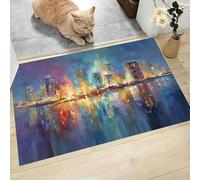 MLSOWM Tapis de Porte Intérieur 50 x 80 cm, Éléments Impressionnistes Tapis à Poils Ras Antidérapant Horizon De La Ville Paillasson Absorbant et Lavable pour Chambre, Entrée, Patio, Couloir, Bleu
