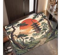 MLSOWM Tapis de Porte Rétro Japonais Lavable Antidérapant 80 x 120 cm | Paillasson Pagode Soleil Rouge Pin Toucher Doux, adapté pour Salon, Chambre, Entrée, décoratif pensé pour Un Usage Quotidien