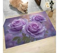 MLSOWM Tapis de Porte Roses Et Gouttes De Pluie, 80 x 120 cm Tapis de Sol Antidérapant Fleurs Romantiques Tapis Mince Absorbant Paillasson Confortable pour Couloir, Terrasse, Entrée - Violet Foncé