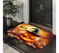 MLSOWM Tapis de Porte Thème d'halloween Lavable 50 x 80 cm, Tapis de Sol Citrouille Au Chapeau De Sorcière Antidérapant à l'intérieur, Paillasson Avant Intérieur pour Jardin, l'entrée du Hall- Orange