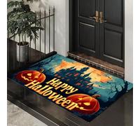 MLSOWM Tapis de Porte Thème d'halloween Lavable 50 x 80 cm, Tapis de Sol Citrouilles Et Châteaux Antidérapant à l'intérieur, Paillasson Avant Intérieur pour Jardin, l'entrée du Hall- Bleu-Vert