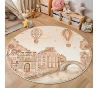 MLSOWM Tapis de Rond à Poils Courts 120cm Scène Rue À L'Aquarelle Moquette Antidérapant, Lavable Aquarelle Guérisseur Tapis de Sol Décoratif pour Salon Chambre D’Enfant Descente de Lit, Couleur Sable
