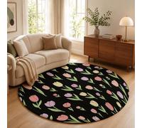 MLSOWM Tapis de Rond à Poils Courts 160cm Dessin De Tulipe Moquette Antidérapant, Lavable Fleurs Simples Tapis de Sol Décoratif pour Salon Chambre Descente de Lit Canapé, Noir Pur