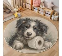 MLSOWM Tapis de Rond à Poils Courts 180cm Border Collie Moquette Antidérapant, Lavable Animaux Rétro Tapis de Sol Décoratif Doux et Moelleux pour Salon Chambre Descente de Lit Canapé, Beige