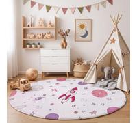 MLSOWM Tapis de Rond à Poils Courts 80cm Fusée Spatiale Moquette Antidérapant, Lavable Style De Fille De Dessin Animé Tapis de Sol Décoratif pour Salon Chambre D’Enfant Descente de Lit, Rose