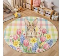 MLSOWM Tapis de Rond à Poils Courts 80cm Lapin des Fleurs Moquette Antidérapant, Lavable Plaid Country Tapis de Sol Décoratif pour Salon Chambre D’Enfant Descente de Lit, Rose Clair