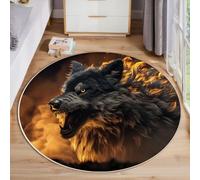 MLSOWM Tapis de Salon Rond 120cm, Tapis Loup en Colère Moelleux à Poils Courts Moquette Animaux De Flamme Antidérapant Lavable en Machine Facile À Entretenir, Orange