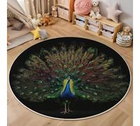 MLSOWM Tapis de Salon Rond 180cm, Tapis Plumes De Paon Moelleux à Poils Courts Moquette Photographie Animalière Antidérapant Lavable en Machine Facile À Entretenir, Noir
