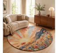 MLSOWM Tapis de Salon Rond 200cm, Lever De Soleil dans Les Montagnes Tapis Chambre Aquarelle Simple Antidérapant Lavable en Machine, Poils Courts Moquette pour Bureau, Salle à Manger, Orange
