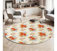 MLSOWM Tapis de Salon Rond à Poils Courts 200cm Tapis de Sol Décoration Frais Et Pastoral Descente de Lit Coquelicot Vintage Antidérapant pour Chambre Terrasse Salle à Manger, Crème