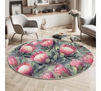 MLSOWM Tapis de Salon Rond à Poils Courts 80cm Tapis de Sol Décoration Fleurs Réalistes Descente de Lit Protée Royale Et Feuilles Vertes Antidérapant pour Chambre Terrasse Salle à Manger, Gris-Vert