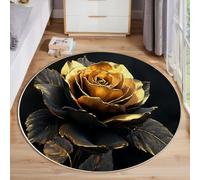 MLSOWM Tapis de Salon Rond à Poils Courts Sculpture Métallique Tridimensionnelle, 180cm Tapis de Sol Décoratif Rose d'or Doux et Confortable Antidérapant avec Dessous Antidérapant, Or Noir