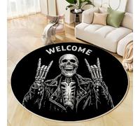 MLSOWM Tapis de Salon Rond à Poils Courts Squelette Drôle, 180cm Tapis de Sol Décoratif Geste du Crâne Doux et Confortable Antidérapant avec Dessous Antidérapant, Noir