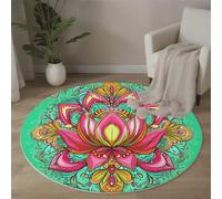 MLSOWM Tapis de Salon Rond à Poils Courts Style Artistique Indien, 180cm Tapis de Sol Décoratif Mandala Lotus Doux et Confortable Antidérapant avec Dessous Antidérapant, Turquoise