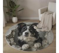 MLSOWM Tapis de Salon Rond à Poils Courts Trou Mural 3D Tapis de Sol Décoratif Border Collie Doux et Confortable Antidérapant pour Salon, Chambre, Salle à Manger, 180cm, Gris