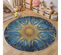 MLSOWM Tapis de Salon Rond Art Classique 120cm Tapis de Sol Rond Soleil De La Ligne d'or Poils Courts Antidérapant Anti-Fatigue pour Salle à Manger Descente de Lit ou Chambre Enfant, Bleu Foncé