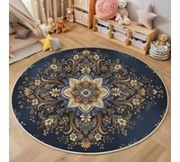 MLSOWM Tapis de Salon Rond Fleurs Traditionnelles 200cm Tapis de Sol Rond Arabesque Poils Courts Antidérapant Anti-Fatigue pour Salle à Manger Descente de Lit ou Chambre Enfant, Bleu Marine